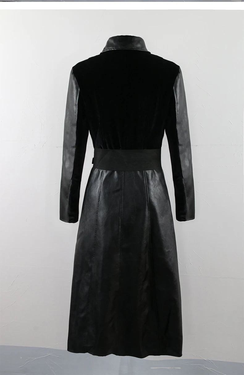 Nerazzurri Spring Autumn Long Black Stretchy Velvet Patchwork Pu Leather Coat Women with Double Belt Luxury Designer Clothes