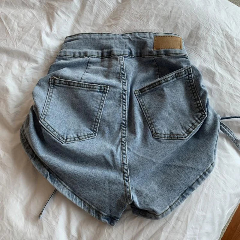 Zoki Sexy Shirring Slim Denim Shorts Women Fashion Korean High Waist Casual Shorts Summer Button All Match Harajuku Shorts New