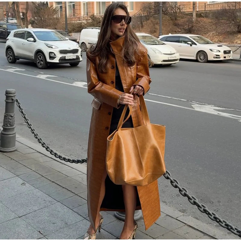 Crocodile Print Faux Leather Long Women 's Winter Coats Stand Collar Single‑Breasted PU Leather Maxi Coat Streetwear Fall Winter
