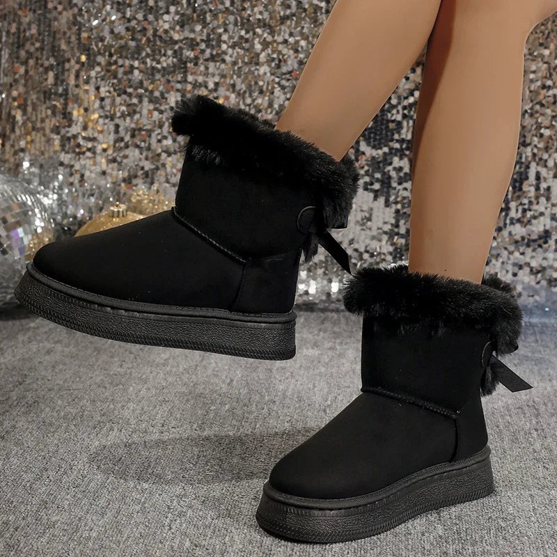 New Fashionable Bow Round Toe Elegant Snow Boots Winter Flat Wear-resistant Soft Students Plus Velvet Warm Women's Shoes