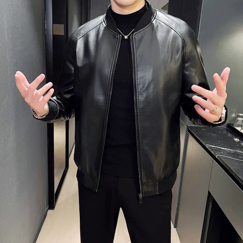New Men's Faux Leather Jacket Motorcycle Biker Coat Stand Collar Zipper Slim Fit Casual Streetwear Outerwear