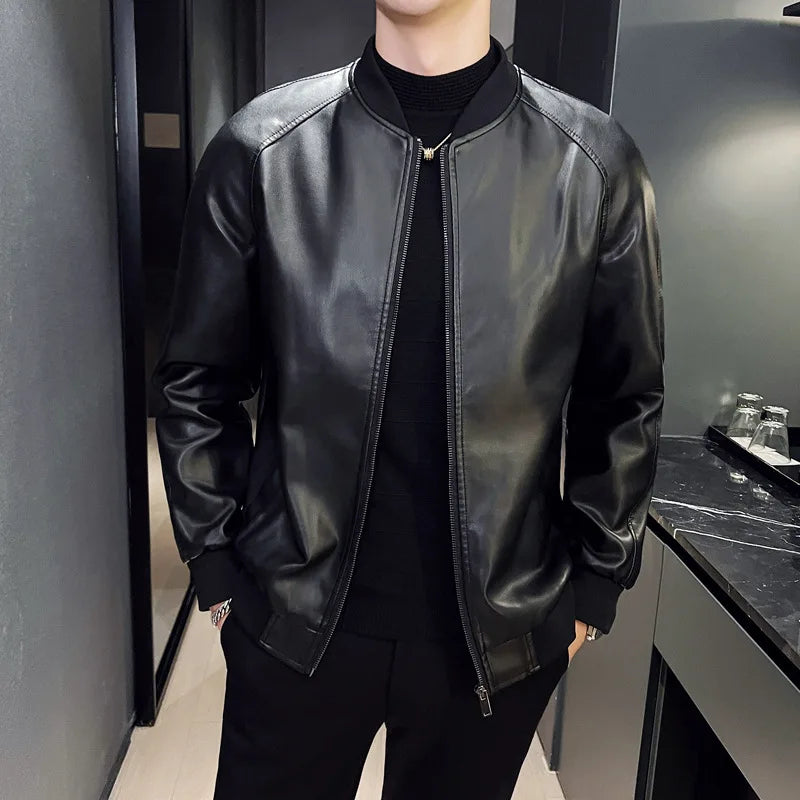 New Men's Faux Leather Jacket Motorcycle Biker Coat Stand Collar Zipper Slim Fit Casual Streetwear Outerwear