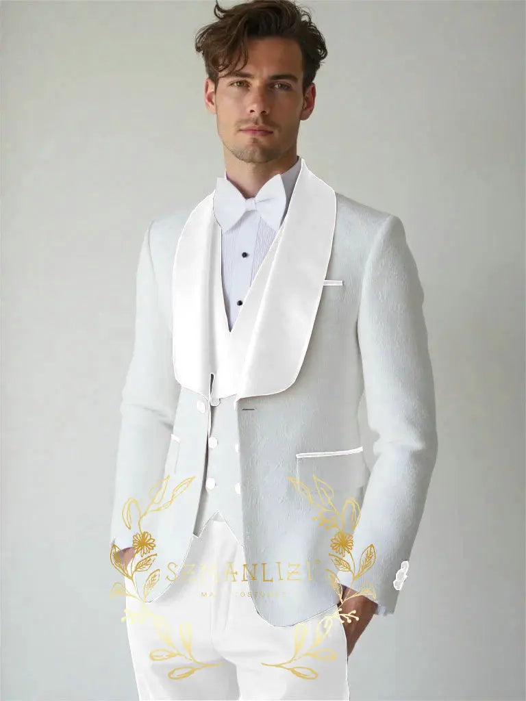 White Floral Wedding Men's 3-piece Suit Set (Jacket Pants Vest) Groom Tuxedo Formal Blazer Elegant Groomsmen Suit for Men