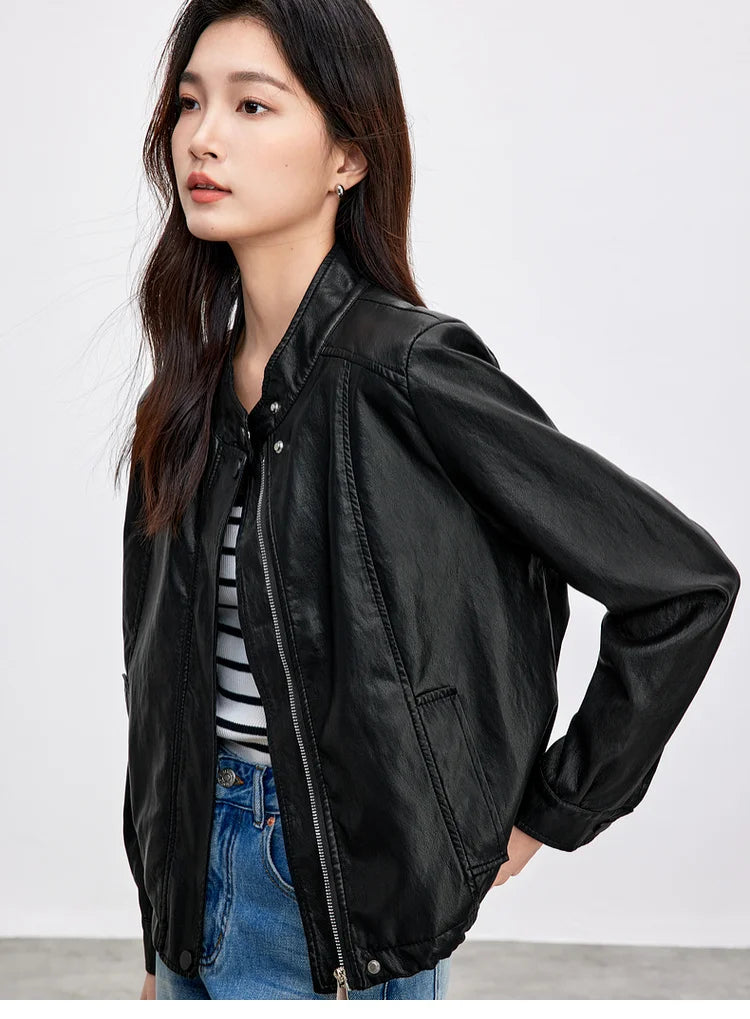 SENTUBILA Women Stand Collar Short PU Leather Jacket 2026 Autumn Winter Ladies Zipper Windproof Cropped Pu Jacket  W51G80160