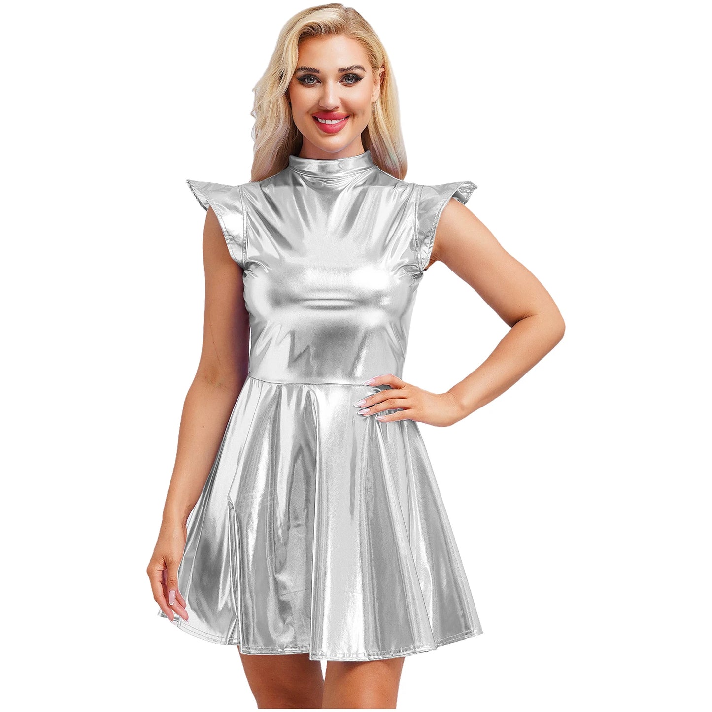 Womens Astronaut Alien Outer Space Alien Robot Cosplay Dress Halloween Cutie Costume Sequin Metallic Shiny A-line Mini Dresses