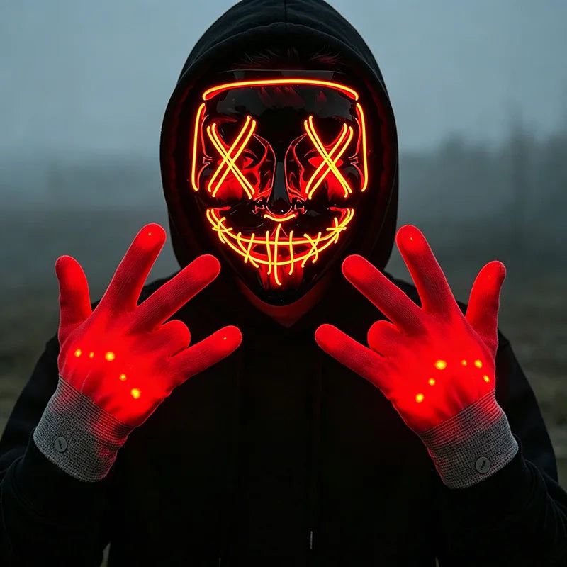 Wireless LED Neon Purge Mask & Fiber Optic Gloves, Scary Glow In Dark Mask for Halloween Carnival Cosplay Bar Birthday Party