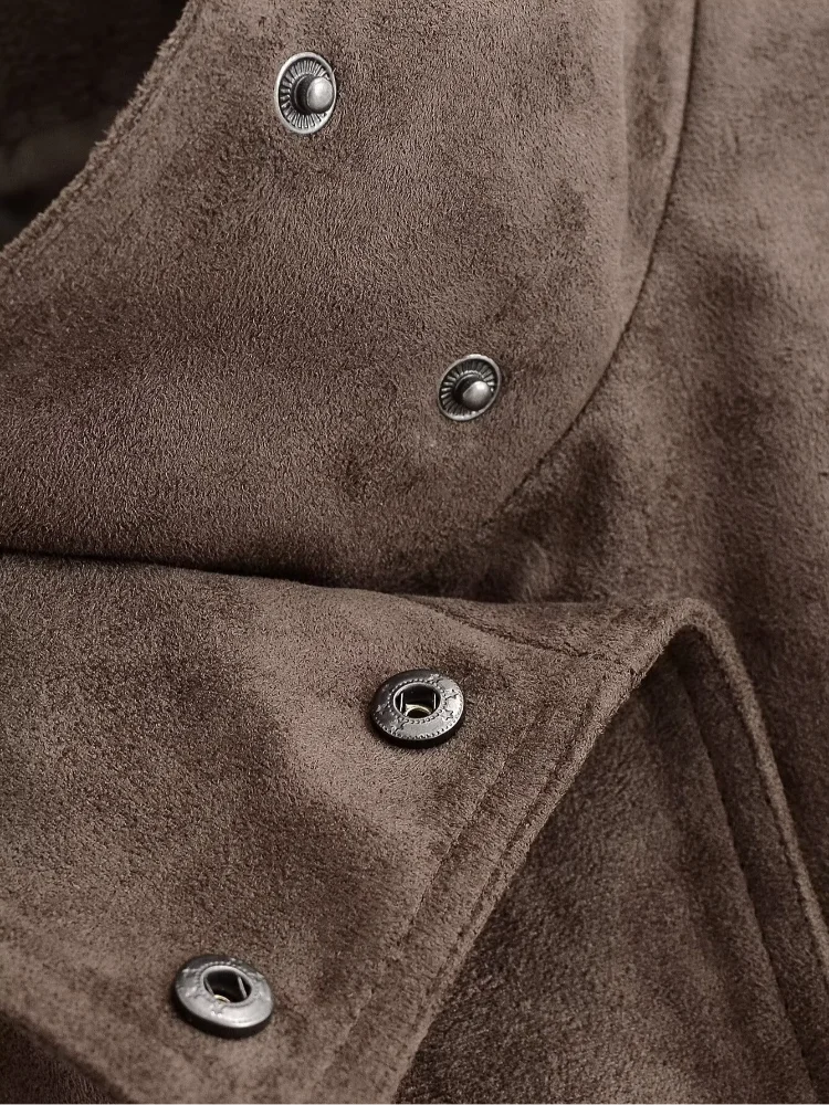 Women Brown Faux Suede Short Jacket Tie‑waist Long Sleeve Vintage Streetwear 2026 Lady New Autumn Winter Casual Outerwear Coat