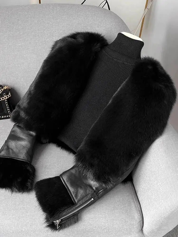 [EAM] Black Faux Fur Thick Big Size PU Leather Jacket New Lapel Long Sleeve Women Coat Fashion Tide Autumn Winter 2026 1DJ8775