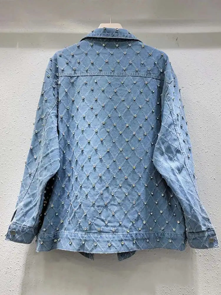 DEAT Women's Denim Coat Blue Long Sleeve Full Diamonds Distressed Jacquard Plaid Jackets 2026 Summer Summer New Fashion 29L7709