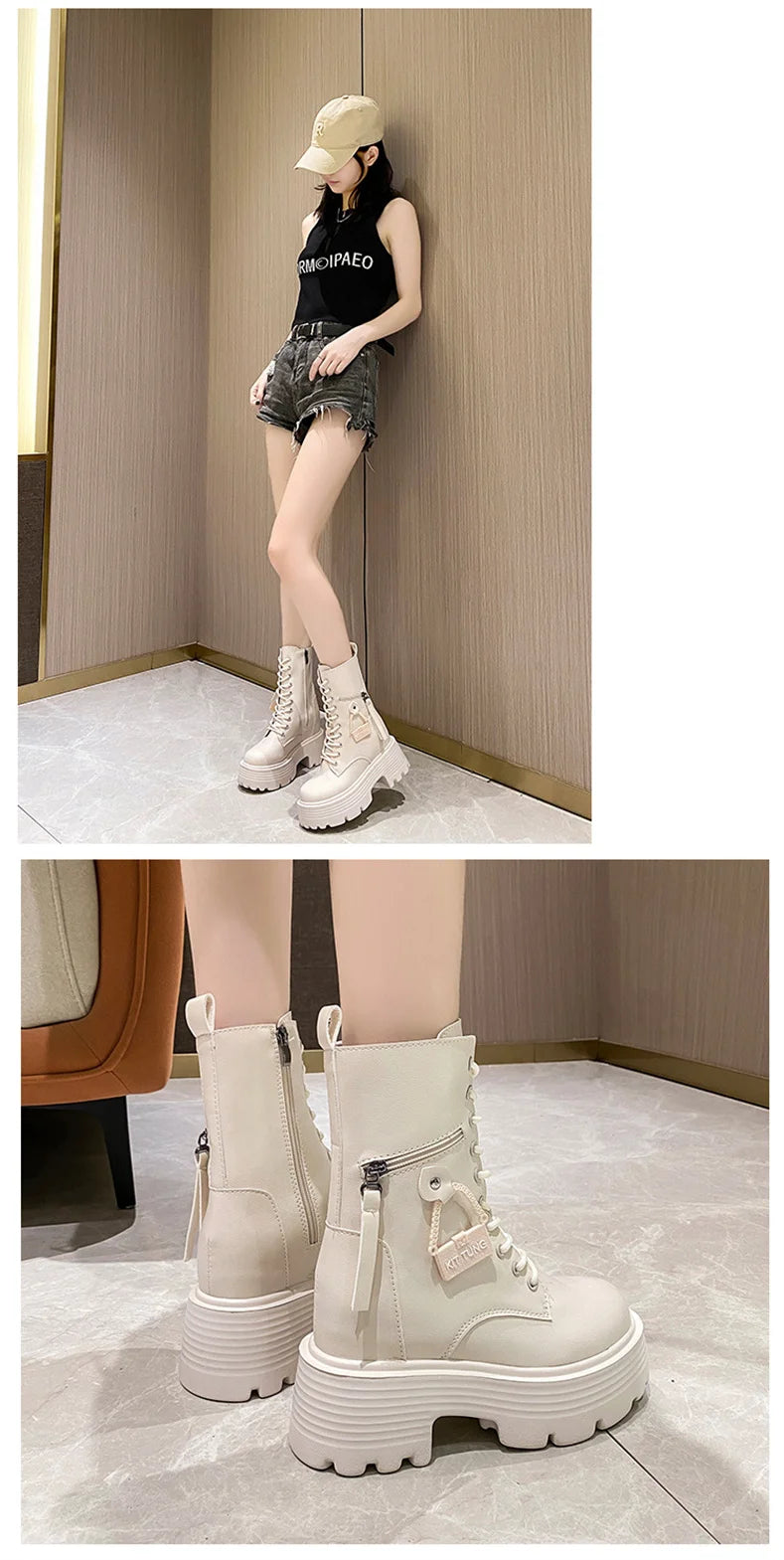 New 2023 Autumn Platform Mid-calf Boots  Women Thick Sole Winter Leather Punk Shoes Chunky Motorcycle Boots Woman