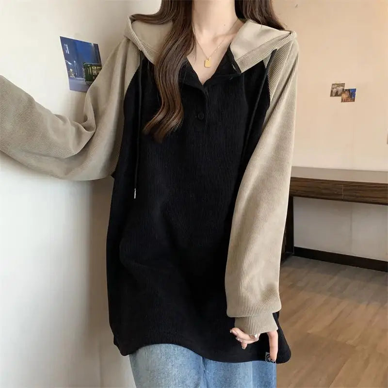 Women Clothing Fashion Casual Long Sleeve Hoodies Spring Autumn Loose Lazy Style Top Tee Office Lady Button Patchwork Pullover