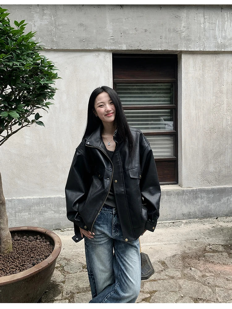 Lautaro Spring Winter Cool Oversized Thicken Warm Black Hard Pu Leather Jacket Women Long Sleeve High Quality American Clothing
