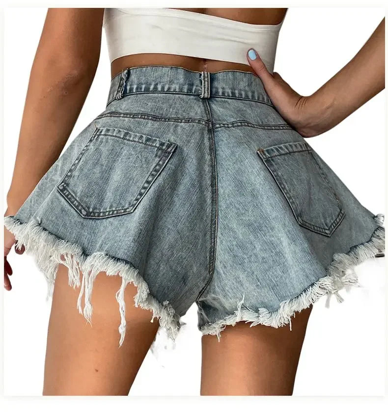 Wide Leg Shorts Women Y2k Denim Frayed Sexy Girls High Waist Hotsweet All-match Vintage Fashion Pockets European Style Females