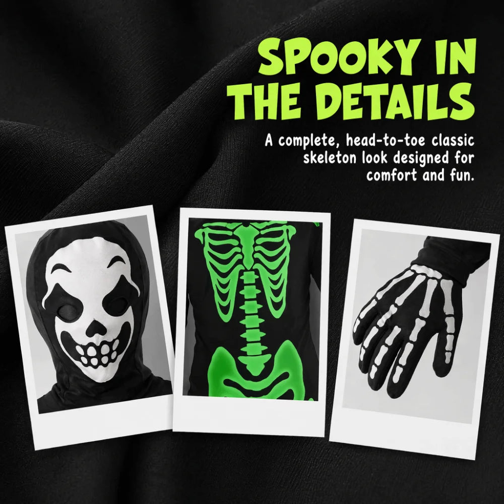 Glow-in-dark Skeleton Skull Costume Luminous Printed Skeleton Ghost Jumpsuit Full Body One-piece Suit Halloween Cosplay Outfits