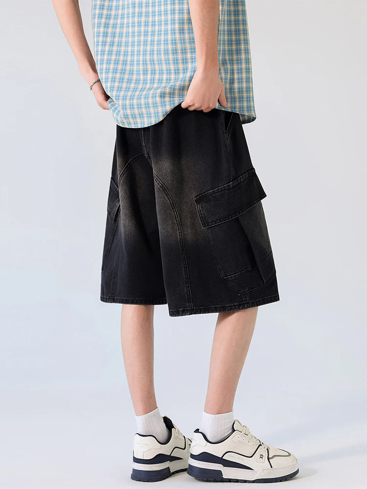 Cargo Shorts Men Summer Baggy Multi-pocket Jeans Straight Drawstring Moto Work Pants Fashion Cotton Black Blue Trousers New
