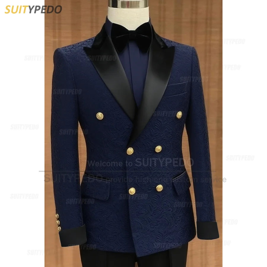 Luxury Jacquard Suit Sets For Men Wedding Banquet Grooms High Quality Outfits Classic Male Double Breasted Blazer Pants 2 Pcs