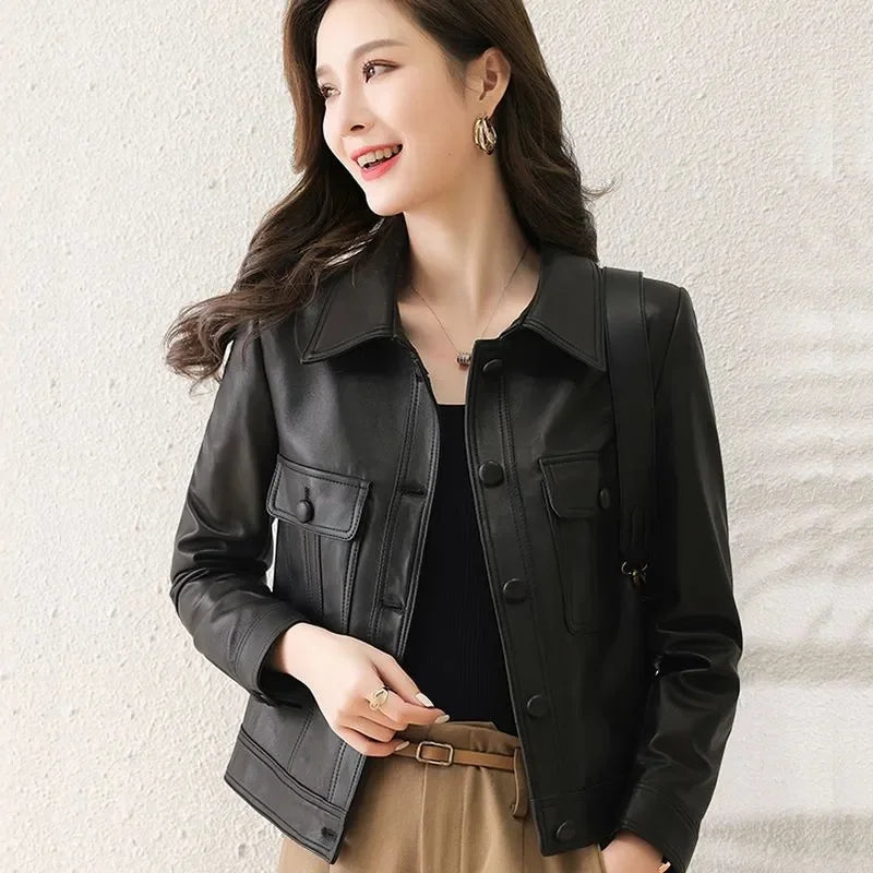 Lapel PU Leather Jacket Women 2026Spring Autumn New Coat Fashion Locomotive Goddess Overcoat High Quality Short Outerwear Female