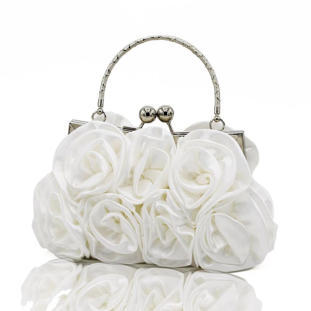Satin Flower Clutch Bags For Women Banquet Party Evening Bags Metal Handbags Retro Blue Silver Black Chain Shoulder Bag female