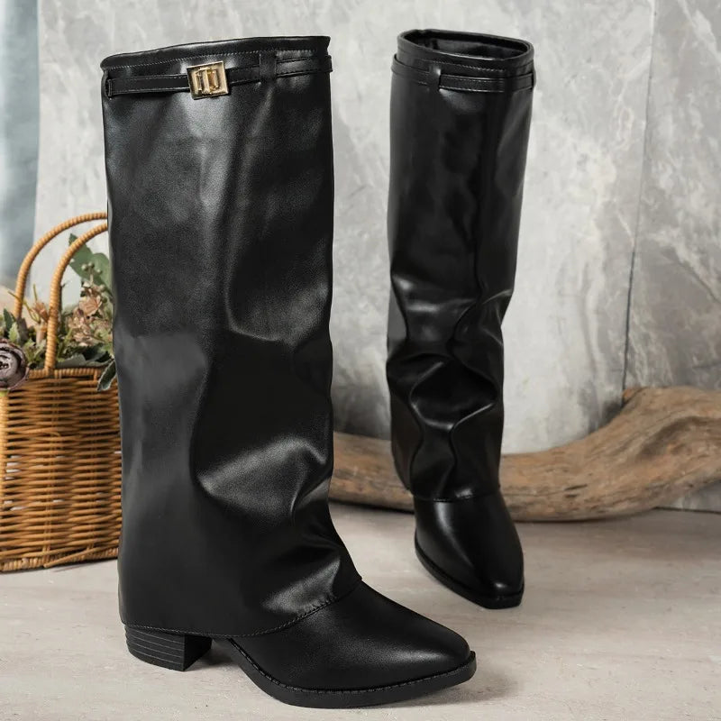Spring Autumn New Simple Style Women's Knee High Boots 2026 Fashion Pointed Toe Fold Cuff Design Chunky Heel Casual Women Boots