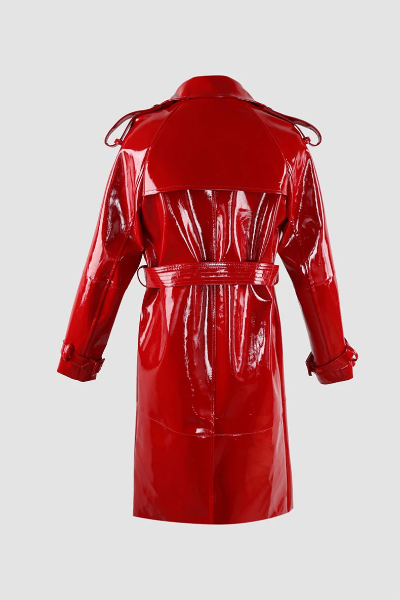 Nerazzurri Autumn Long Shiny Black Red Patent Pu Leather Trench Coat for Women Belt Double Breasted Luxury Designer Clothes 2023