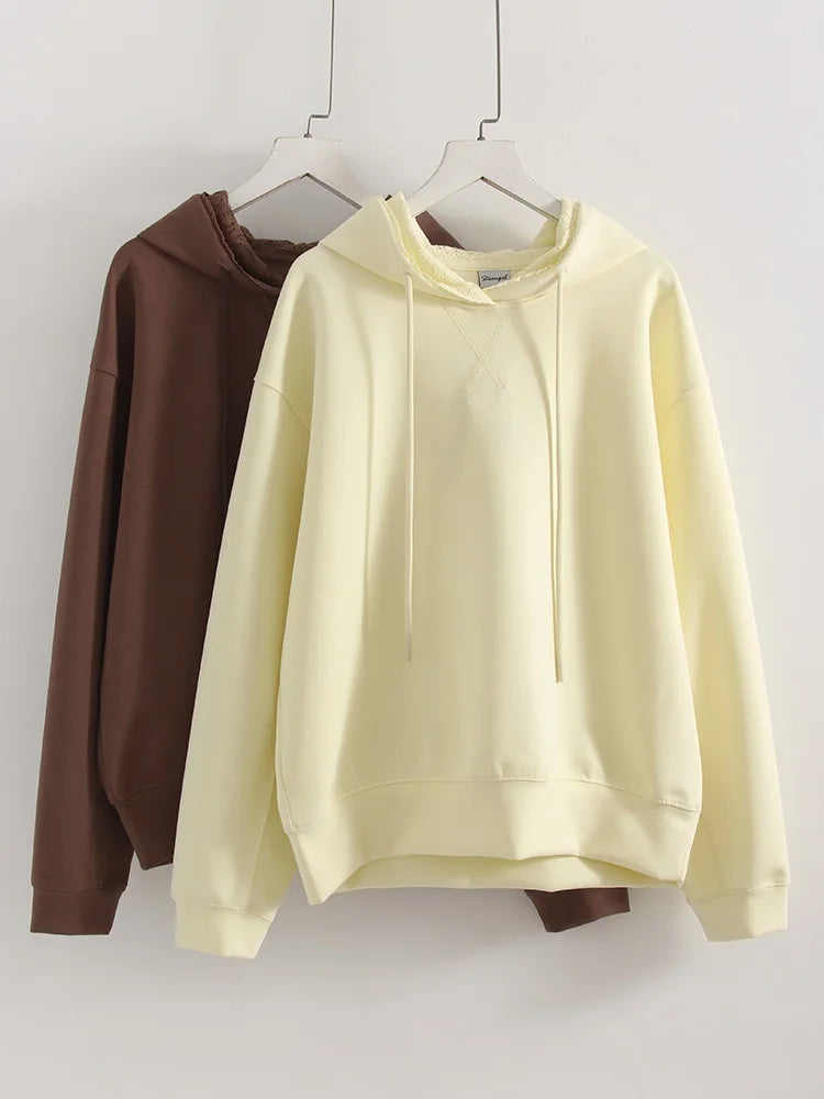 Streamgirl Brown Hoodies With Lace Women Oversize Plain Spring Elegant Butter Yellow Hooded Sweatshirts For Women Oversized