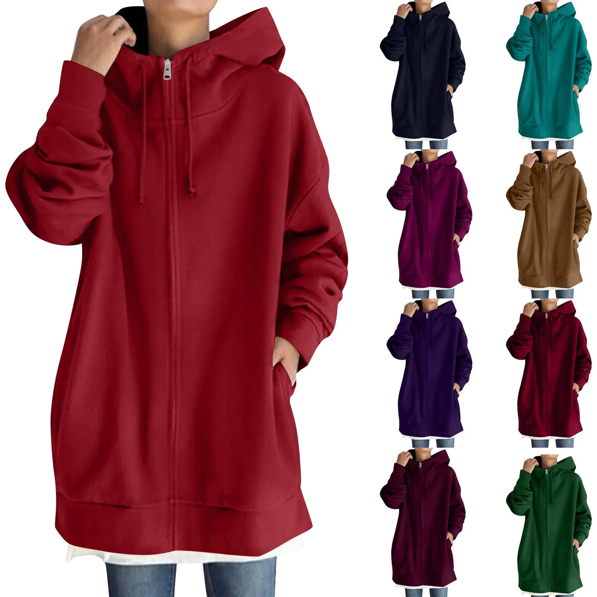 Plus Size Long Hoodies Tunic Fashion Long Sweatshirts Solid Color Fleece Knitted Zip Up Jackets With Pockets For Women