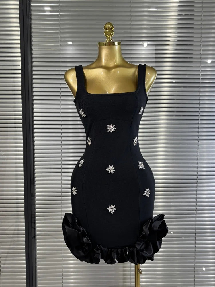 Hot Sale Women Sleeveless Sexy Shinning Rhinestones Ruffles Bodycon Mini Bandage Dress Celebrate Nightlcub Party Outfit Vestido