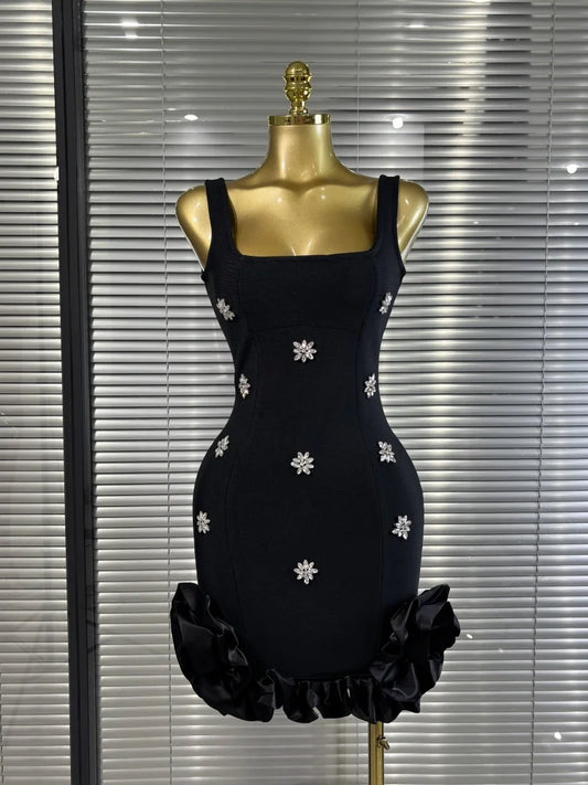 Hot Sale Women Sleeveless Sexy Shinning Rhinestones Ruffles Bodycon Mini Bandage Dress Celebrate Nightlcub Party Outfit Vestido