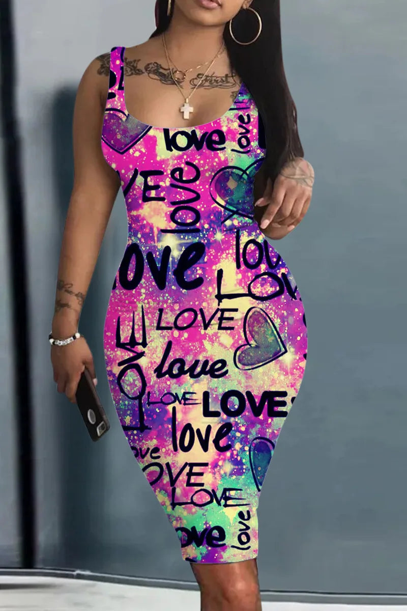 Платье Женское Plus Size Summer Women's Dress Large Size Contrast Heart Print U-Neck Sleeveless Casual Bodycon Mini Dresses