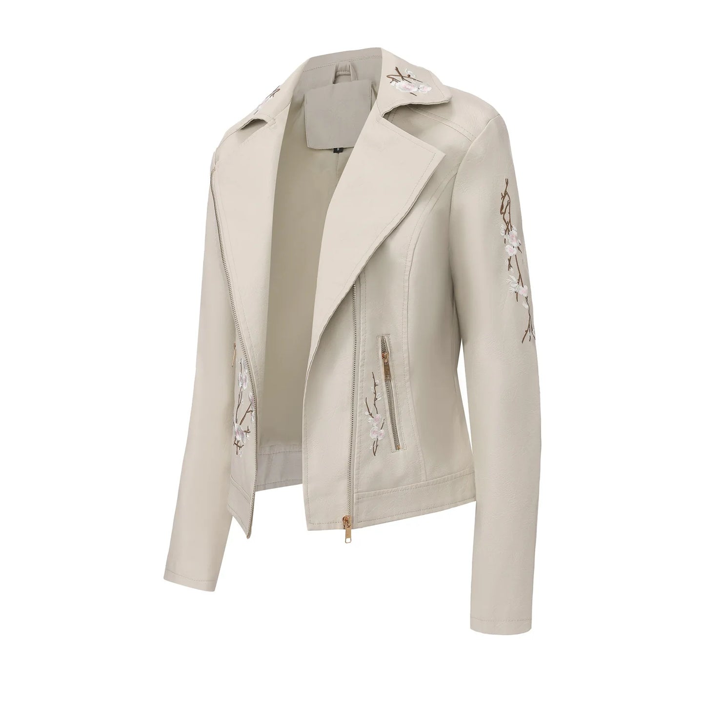 Women's Black Embroidered PU Jacket, Street-Style Brown Faux Leather Coat, Fashionable Beige Long Sleeves Top. 2026 New
