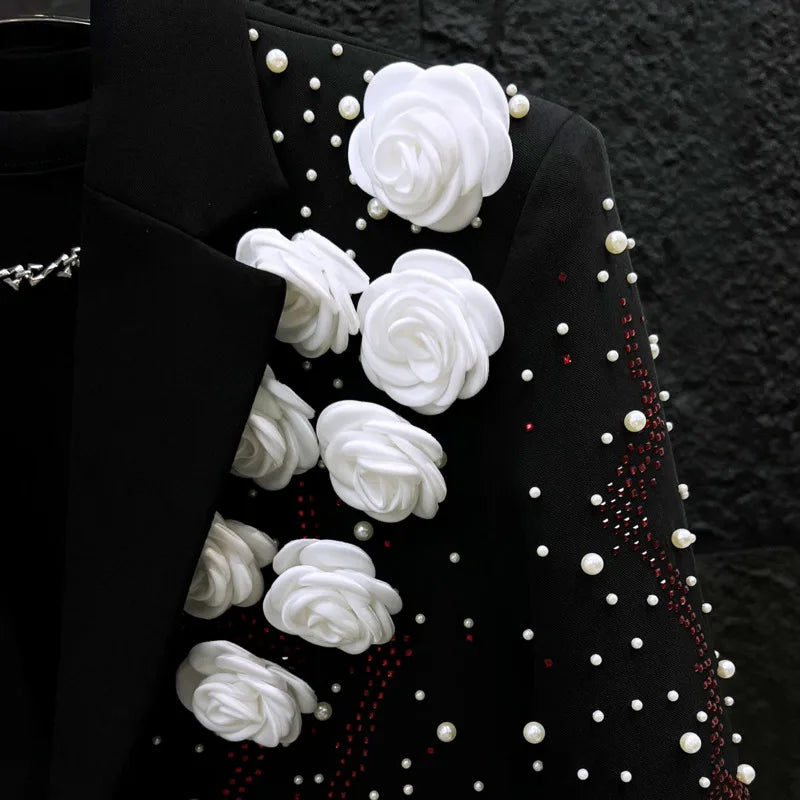 WVGA Spring Autumn New Man Tide Heavy Pearl-studded Trendy Three-dimensional Flower Blazers Niche Chic Casual Jackets Ins W22622