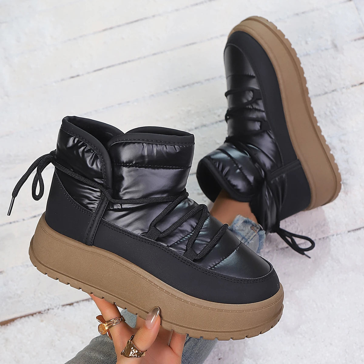 Comfort Platform Waterproof Snow Boots Women 2026 Winter Lace Up Decoration Thick Bottom Moon Boots Women Plush Short Booties