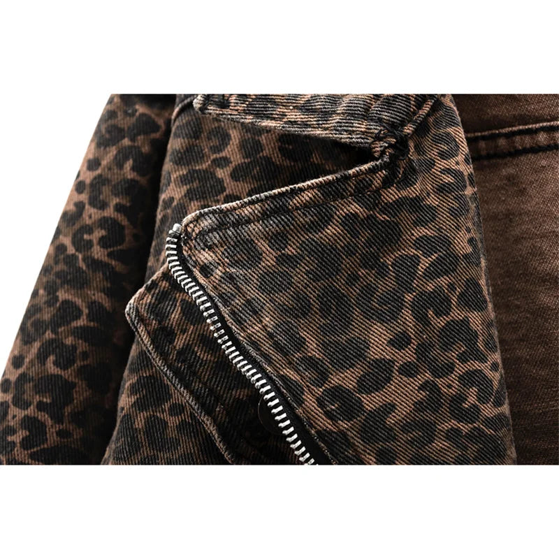 Autumn Vintage Leopard Print Slim Short Denim Jacket Women Cowboy Outerwear Chaquetas Mujer Casual Zipper Jeans Jackets Female