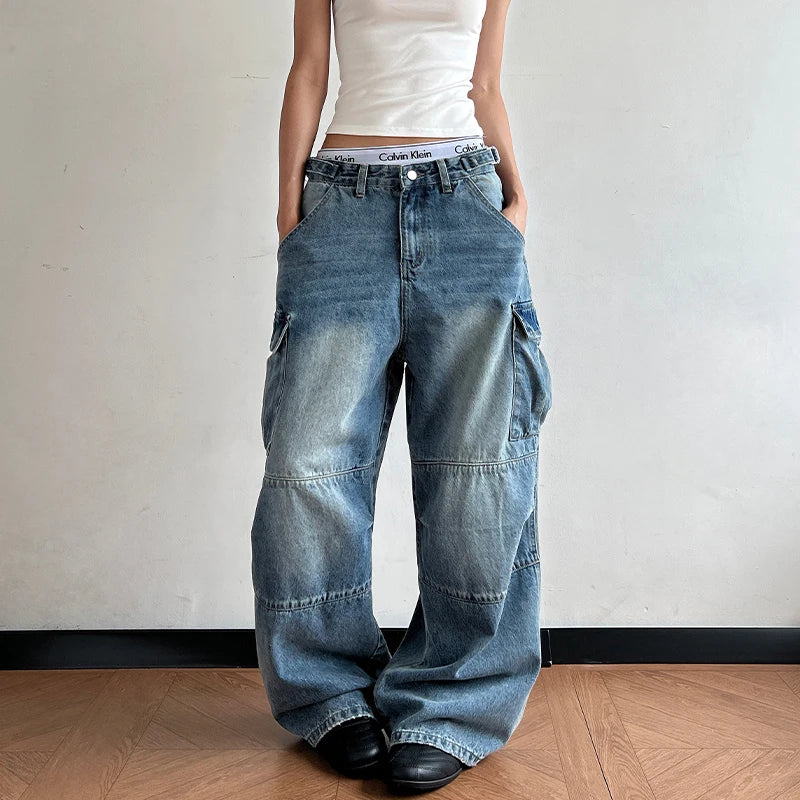 Y2K Jeans Men Women Retro Baggy Wide-leg Cargo Denim Pants Fashion Streetwear Multi-pocket Personality Splicing Loose Trousers