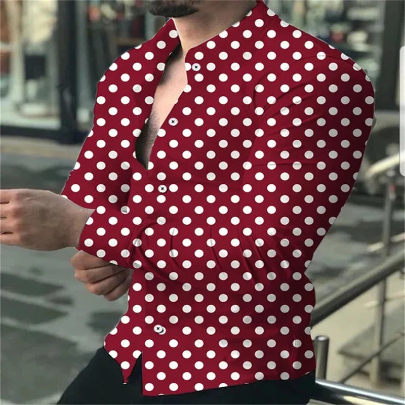 2024 new men's button-down long-sleeved polka dot lapel shirt outdoor street fashion casual breathable comfortable clothing top