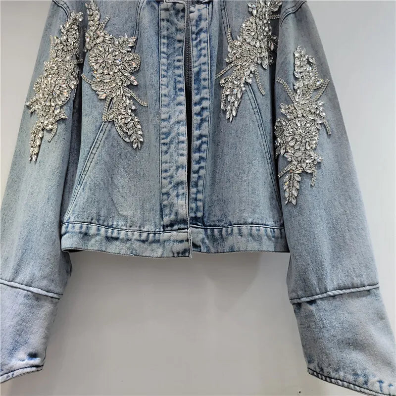 DEAT Women's Denim Coat Stand Collar Luxury Diamonds Shiny Female Buttonless Short Jackets 2026 Summer New Fashion 29A376