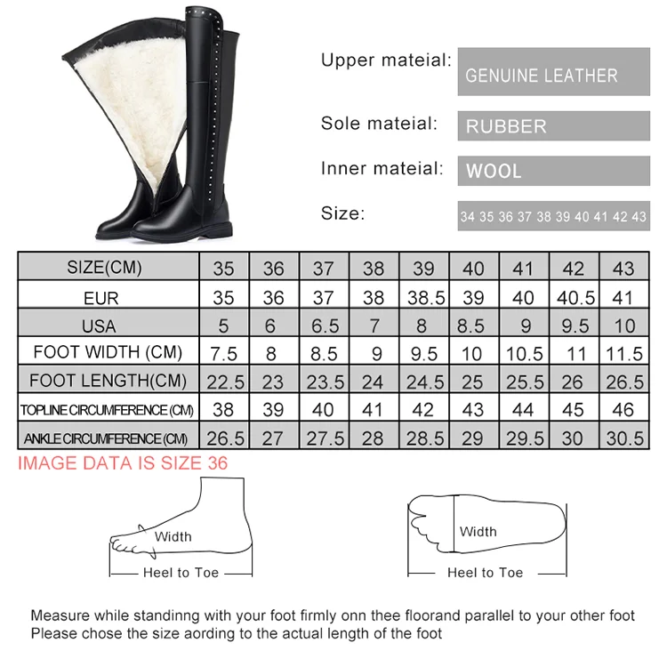 Women Over The Knee Boots Winter Natural Wool Warm Genuine Leather Ladies Knee Boots Large Size Non-slip Snow Boots Women