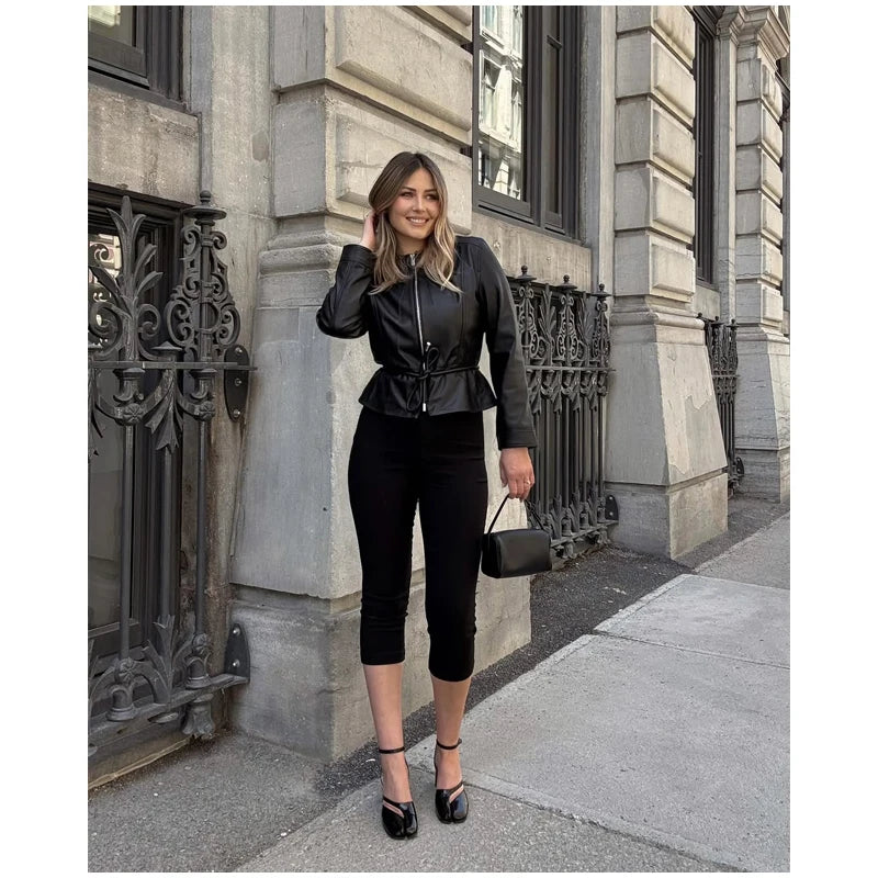 Women's Faux Leather Jacket Black Zip Front Drawstring Peplum Hem Slim Elegant Outerwear Fashion Daily Street Casual Short Coat