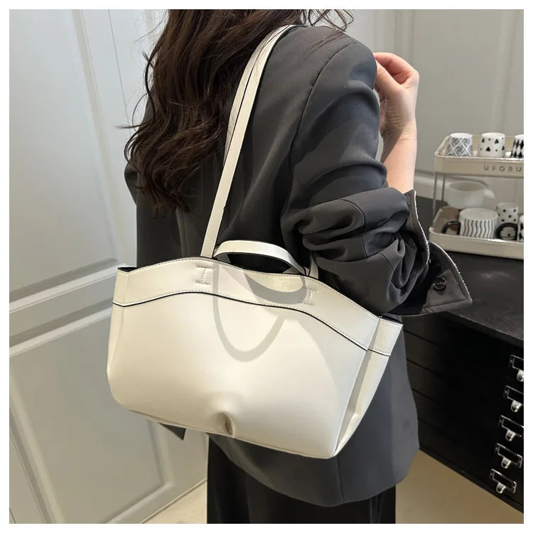 Solid Color Soft Leather Handbag Women Single Shoulder Tote Bag, Large Capacity Commuting Set Handbags Shopping Cross Body Bags