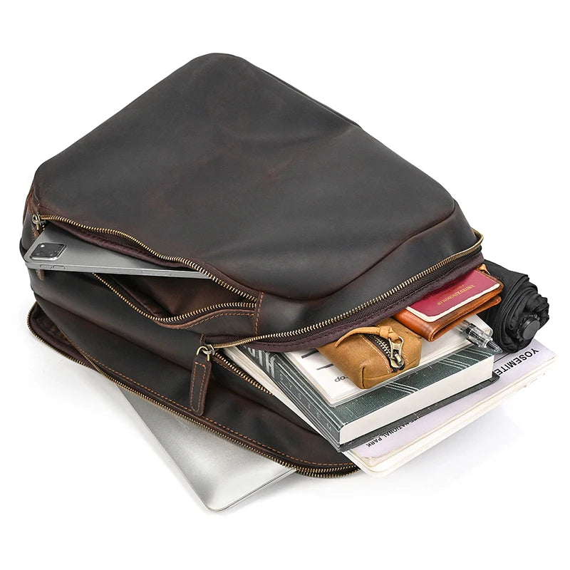 Luufan Men's Retro Crazy Horse Leather Backpack Brown Genuine Leather Rucksack Brown 14 Inch Laptop School Bag