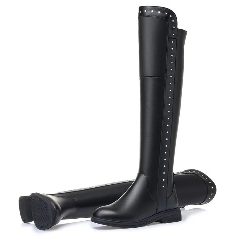Women Over The Knee Boots Winter Natural Wool Warm Genuine Leather Ladies Knee Boots Large Size Non-slip Snow Boots Women