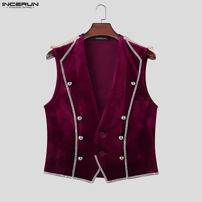 INCERUN Men's Vests Velour Patchwork Lapel Sleeveless Button Male Waistcoats Elegant Streetwear Fashion Casual Vests For Man