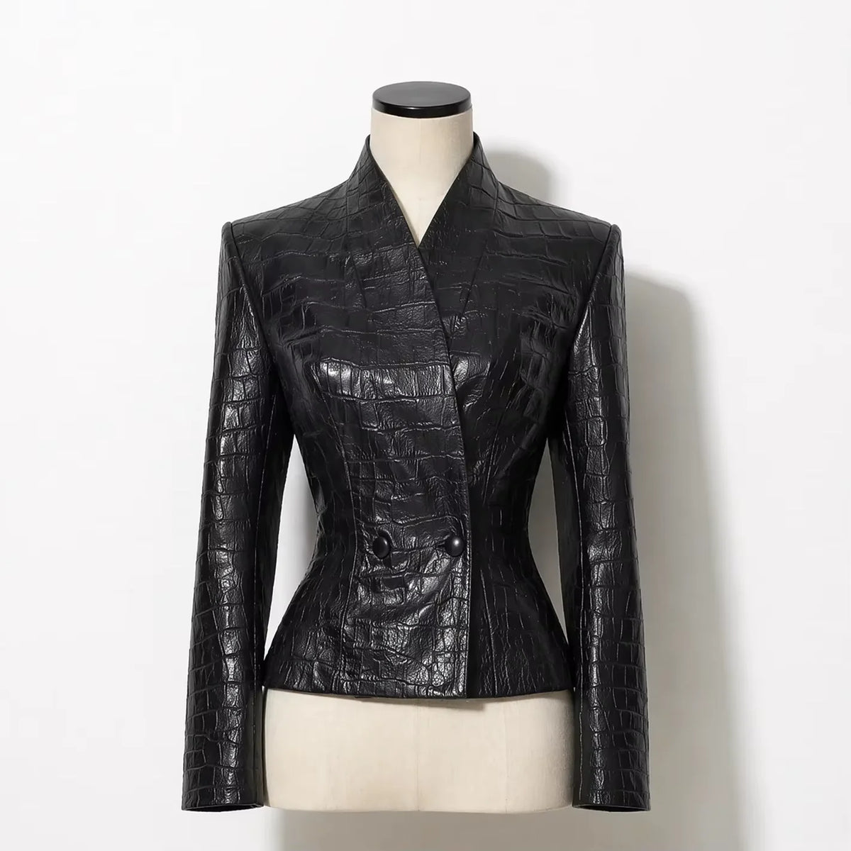 TOKO 2026 New Women V Neck Embossed Faux Leather Jacket Double Button Fitted Waist Long Sleeve Solid Black Slim Short