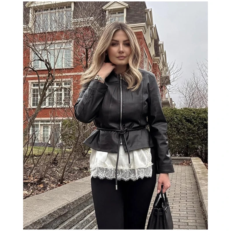 Women's Faux Leather Jacket Black Zip Front Drawstring Peplum Hem Slim Elegant Outerwear Fashion Daily Street Casual Short Coat