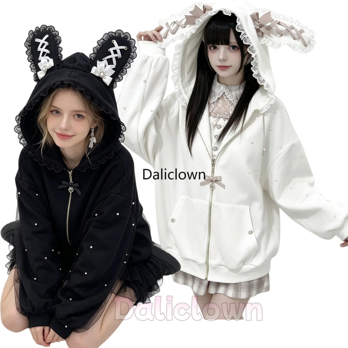 Vintage Japanese Subculture Jirai Kei Jacket Women Y2K Coat Lace Rabbit Ears Hoodie Gothic Sweatshirt Harajuku Halloween Cosplay