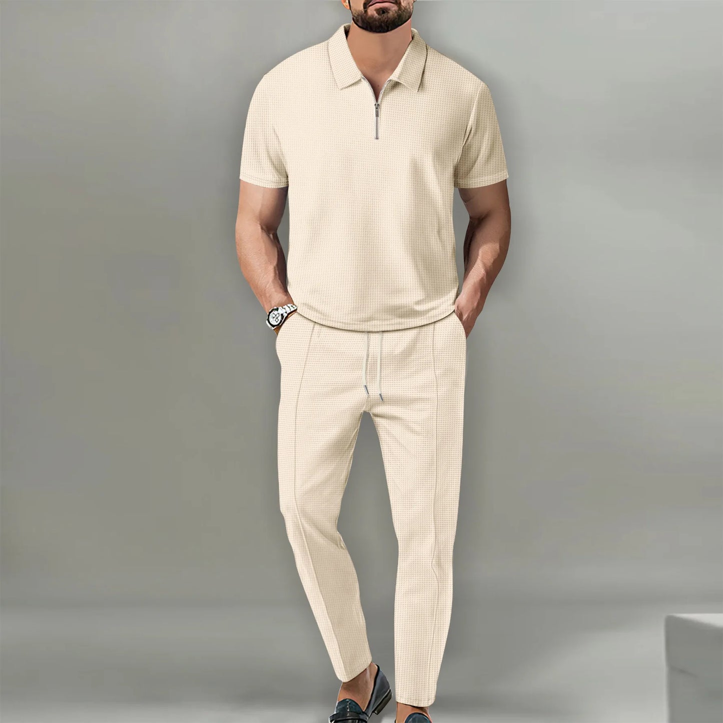 Summer Men Sports Polo Suit Short Sleeve Stylish Zipper Polo Shirt And Shorts Set Men Casual Streetwear 2-pie Leisure Sports Set