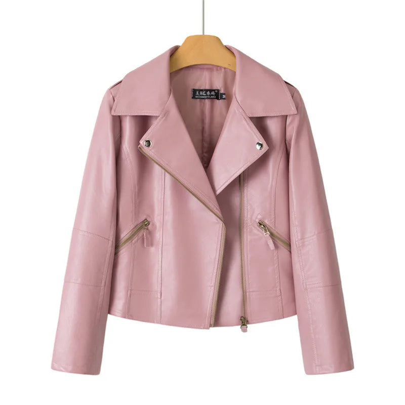 2026 Fashion Pink Black Leather Jacket Women's Short Coat Spring Autumn Zip-up Loose PU Leather Outerwear Student Casual Jackets
