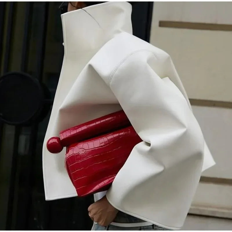 Street White Faux Leather Cropped Jacket Women Loose Stand Collar Wide Sleeve Coat 2026 Autumn Lady PU Motorcycle Daily Outwear