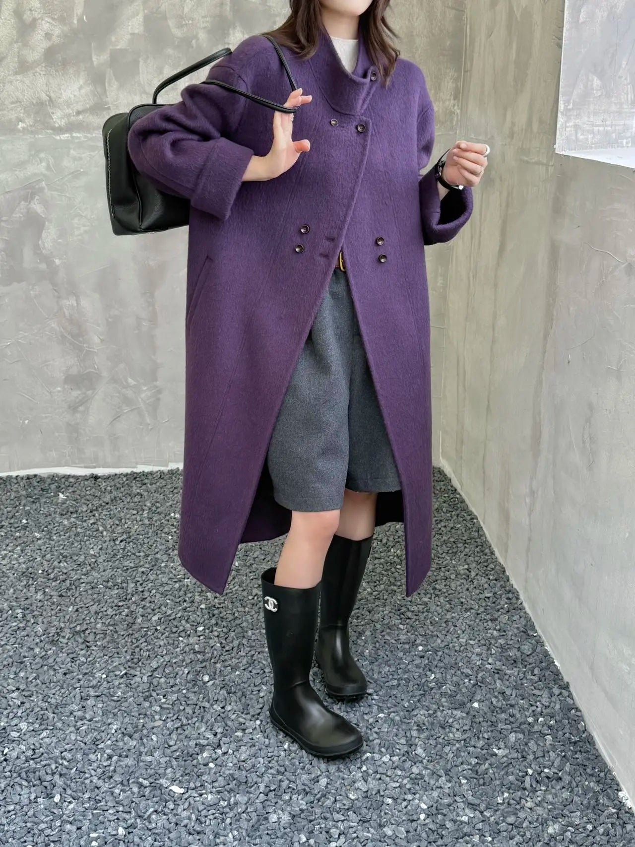 Ladies' 100% wool coat, high-end slimming stand up collar, double breasted loose long woolen coat, autumn and winter bestseller