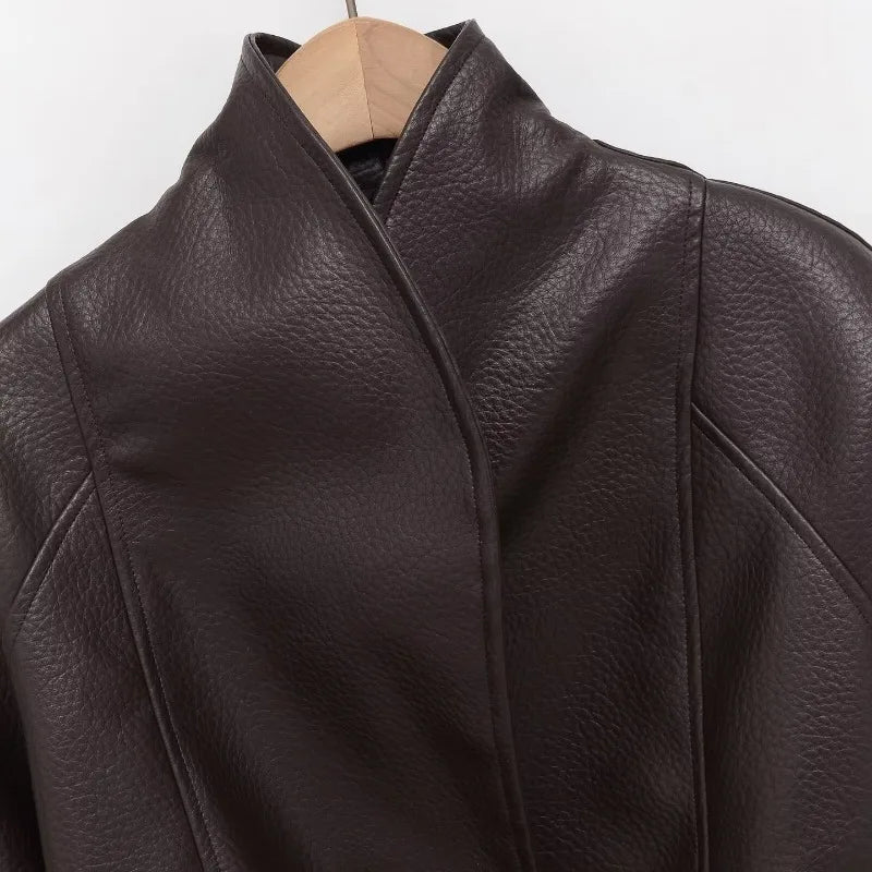Women 2026 Spring Autumn New Hot Selling Solid Color Belted Slim Fit Faux Leather Jacket Coat Fashion Trendy Chic Outerwear Best